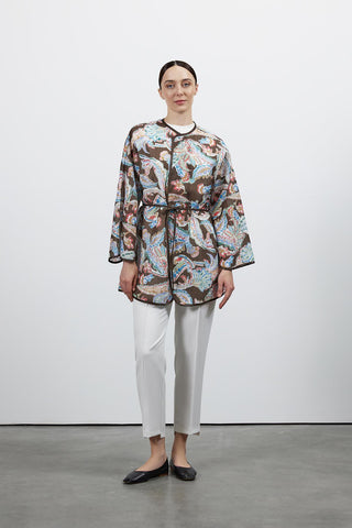 Desenli Keten Kimono - Kahve
