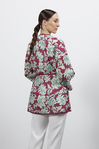 Desenli Keten Kimono - Bordo