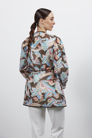 Desenli Keten Kimono - Kahve