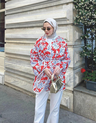 Desenli Keten Kimono - Kırmızı