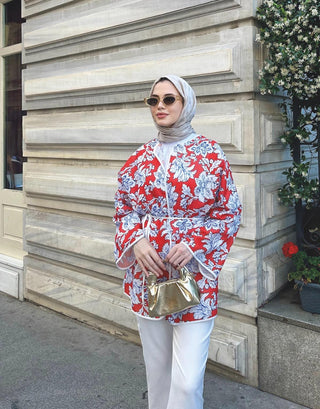 Desenli Keten Kimono - Kırmızı