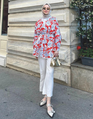 Desenli Keten Kimono - Kırmızı