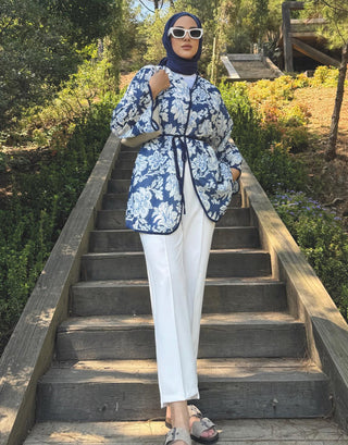 Desenli Keten Kimono - Lacivert