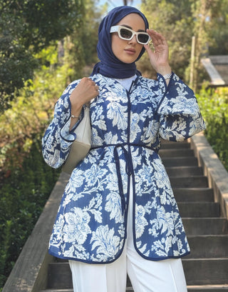 Desenli Keten Kimono - Lacivert