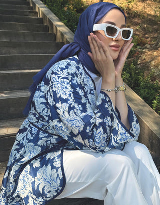 Desenli Keten Kimono - Lacivert
