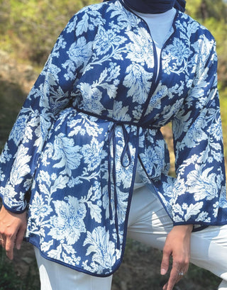 Desenli Keten Kimono - Lacivert