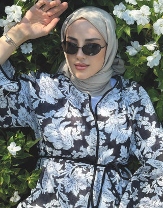 Desenli Keten Kimono - Siyah