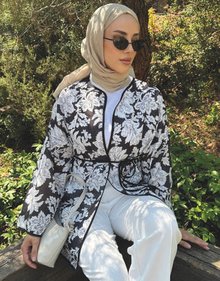 Desenli Keten Kimono - Siyah