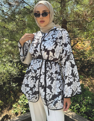 Desenli Keten Kimono - Siyah