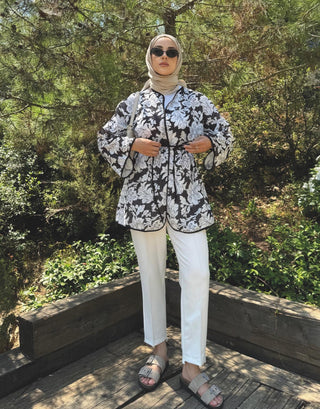 Desenli Keten Kimono - Siyah