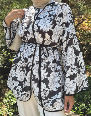 Desenli Keten Kimono - Siyah