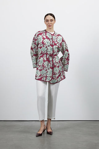 Desenli Keten Kimono - Bordo