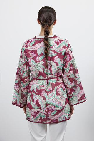 Desenli Keten Kimono - Bordo
