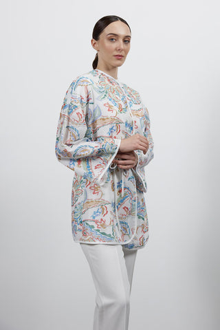 Desenli Keten Kimono - Ekru