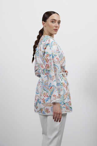 Desenli Keten Kimono - Ekru
