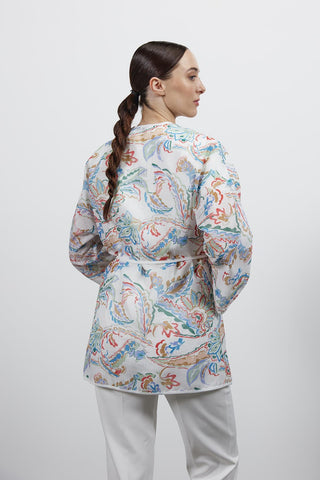 Desenli Keten Kimono - Ekru