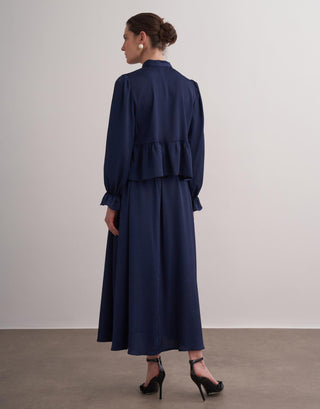 Uliana Önü Düğmeli Desenli Etekli Takım - Lacivert