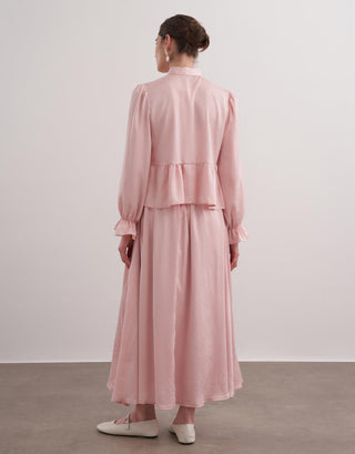 Uliana Önü Düğmeli Desenli Etekli Takım - Pudra