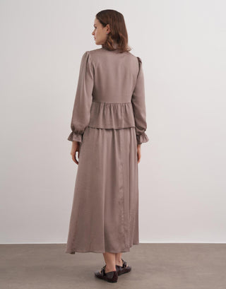 Uliana Önü Düğmeli Desenli Etekli Takım - Vizon