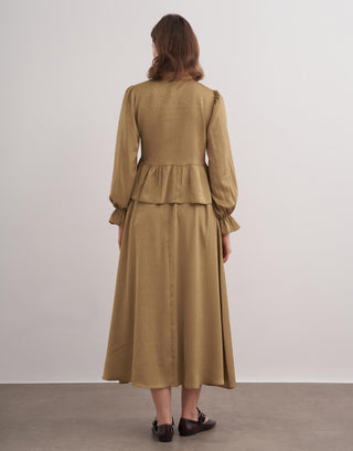 Uliana Önü Düğmeli Desenli Etekli Takım - Yağ Yeşili