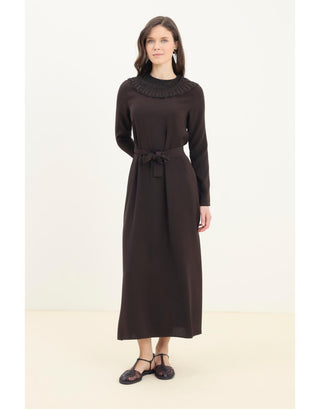 Guest Dantel Yakalı Keten Elbise - Acı Kahve