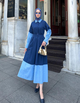 Kemerli Renk Bloklu Elbise - Lacivert