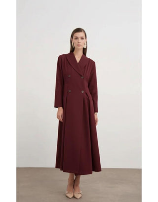 Pile Detaylı Elbise - Bordo