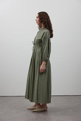 Pile Detaylı Basic Elbise - Haki