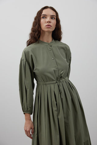Pile Detaylı Basic Elbise - Haki