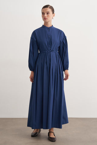 Pile Detaylı Basic Elbise - Lacivert