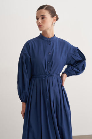 Pile Detaylı Basic Elbise - Lacivert