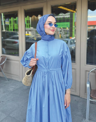 Pile Detaylı Basic Elbise - Mavi