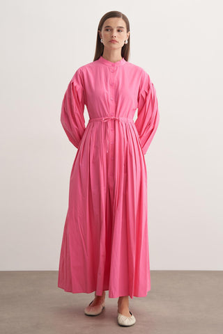 Pile Detaylı Basic Elbise - Pembe