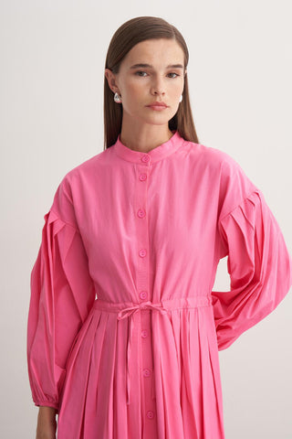 Pile Detaylı Basic Elbise - Pembe