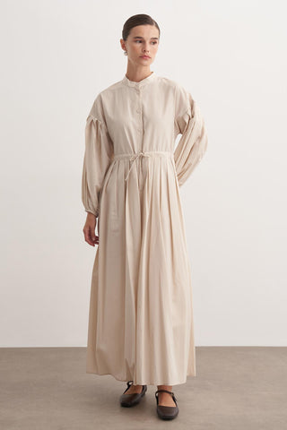 Pile Detaylı Basic Elbise - Bej