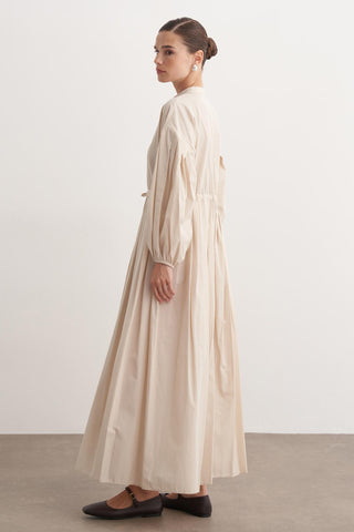 Pile Detaylı Basic Elbise - Bej