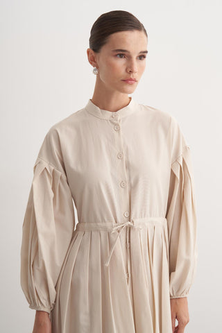 Pile Detaylı Basic Elbise - Bej