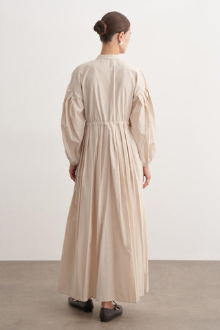 Pile Detaylı Basic Elbise - Bej