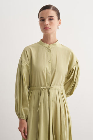 Pile Detaylı Basic Elbise - Yeşil